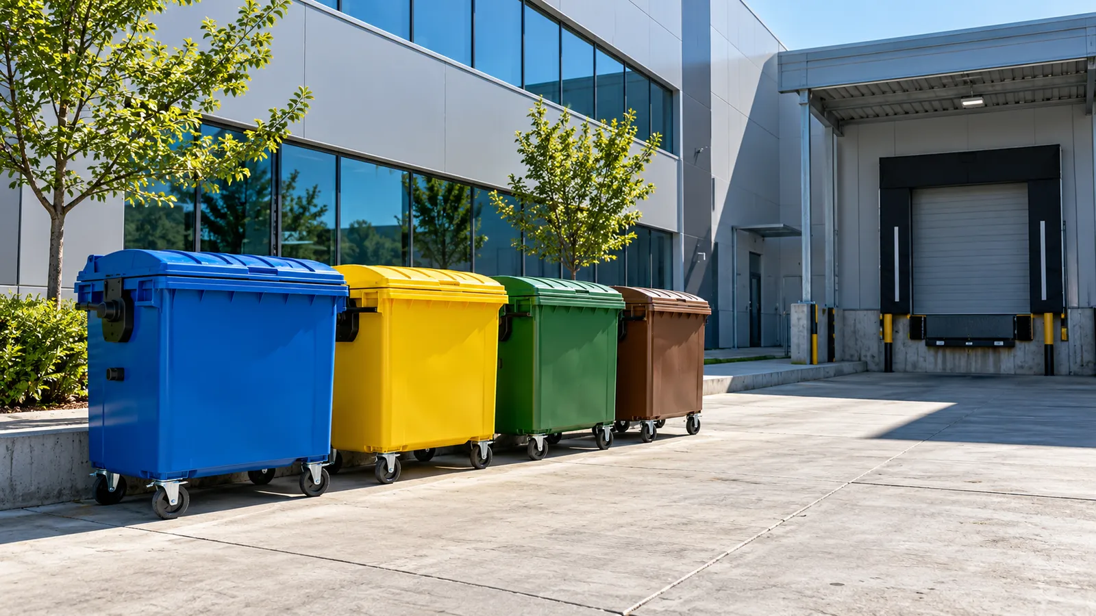 Containere colorate pentru colectare selectivă aliniate în curtea unei firme