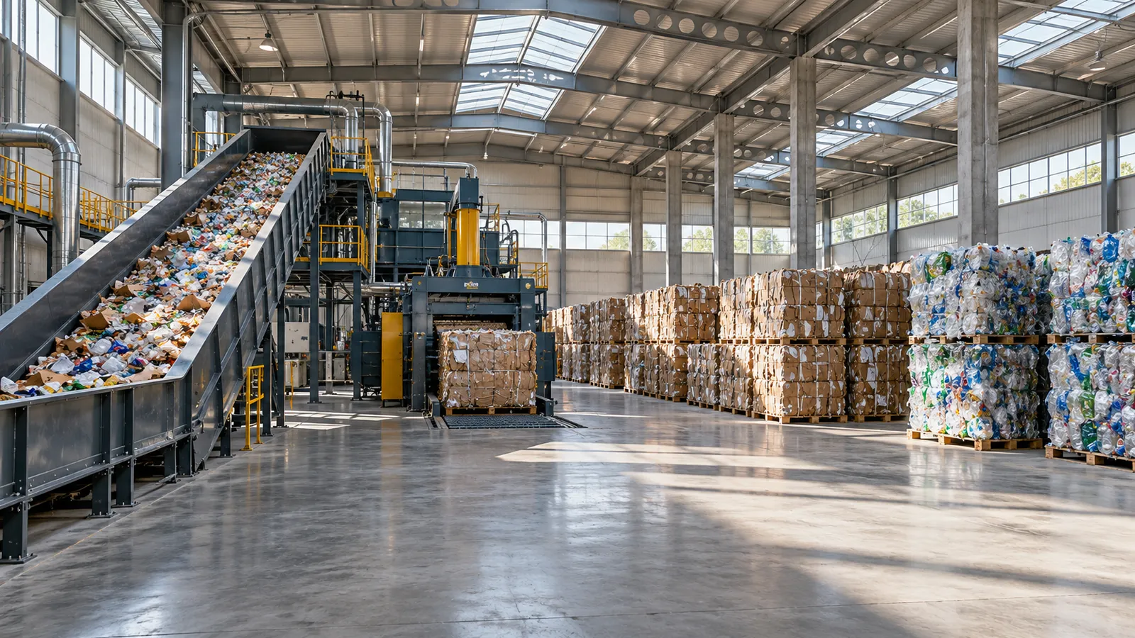 Interior de hală de reciclare cu bandă transportoare, presă de balotat și baloți de carton